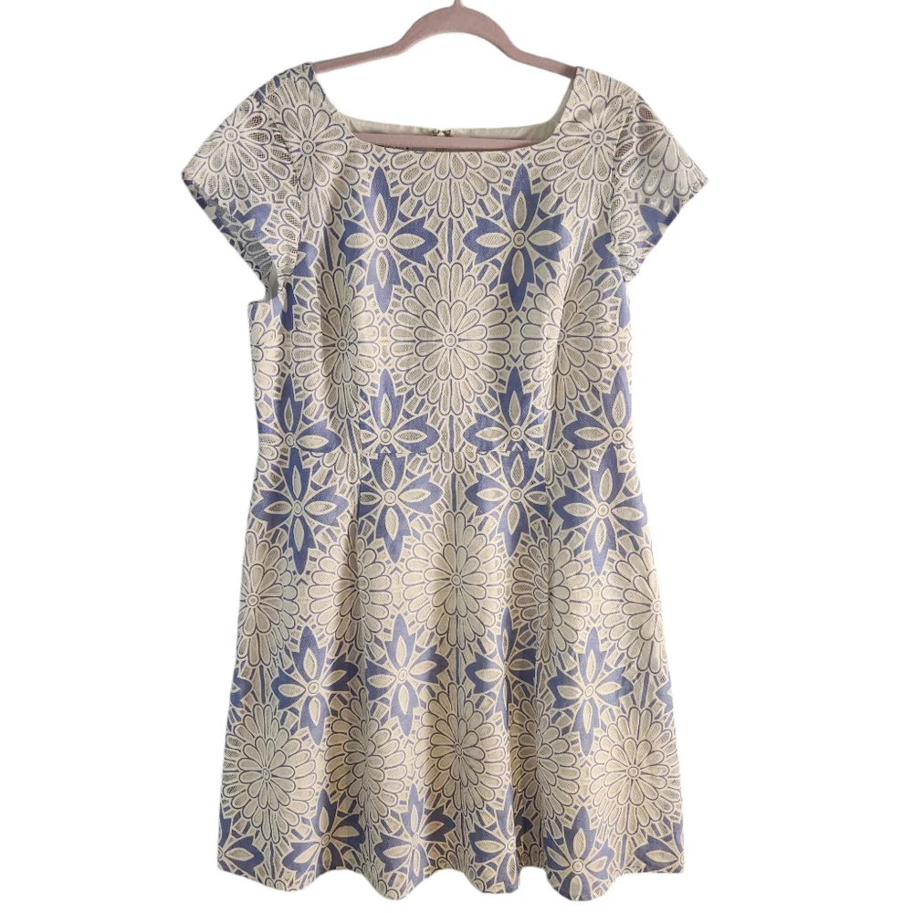 Talbots RSVP floral lace net cutout blue and white dress size 16P - Picture 5 of 9